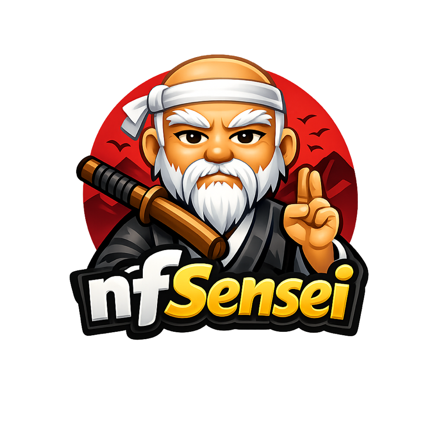 The original nfSensei mascot artwork: bearded elder with katana and peace sign in front of a red sun