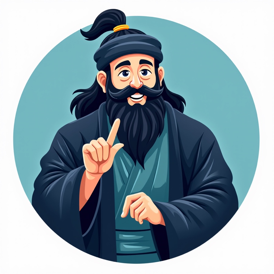 A black-haired younger sensei character with a raised teaching finger and a gap-toothed grin