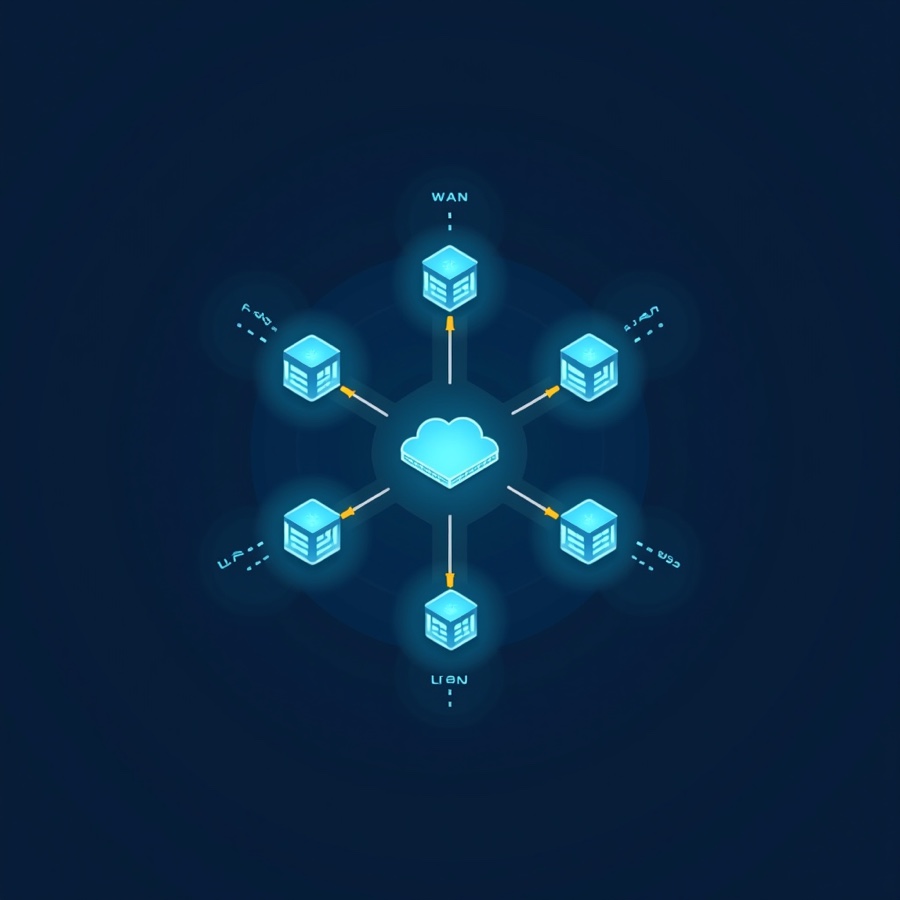 Isometric hub-and-spoke network topology diagram with WAN and LAN server racks
