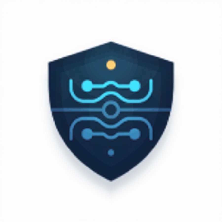 Navy shield containing cyan circuit-style network topology lines