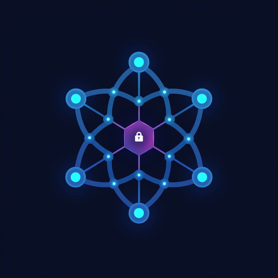 A hexagonal mesh of connected nodes converging on a padlock icon