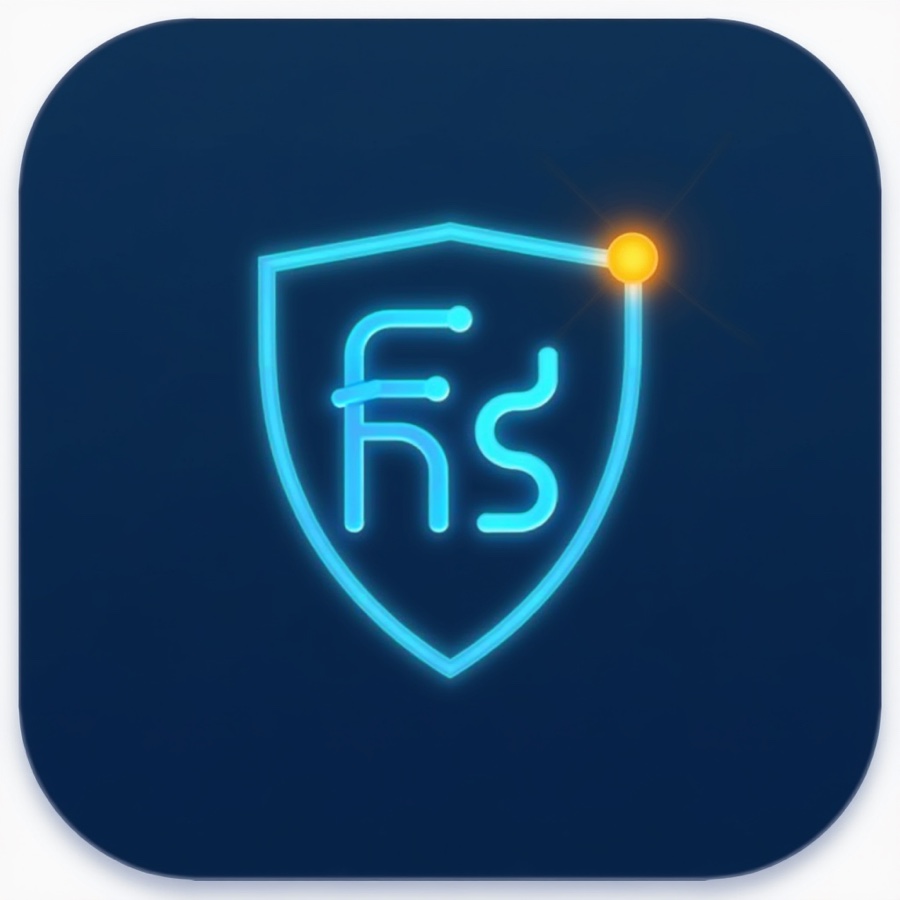 A rounded square app icon with a glowing neon fs monogram
