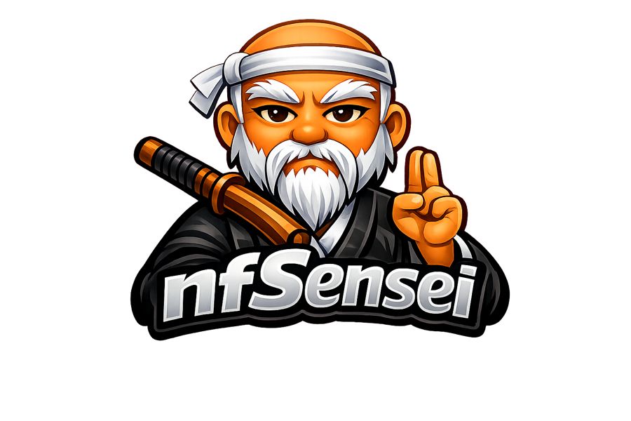 The sword-and-peace-sign sensei mascot isolated with no wordmark and no background scene