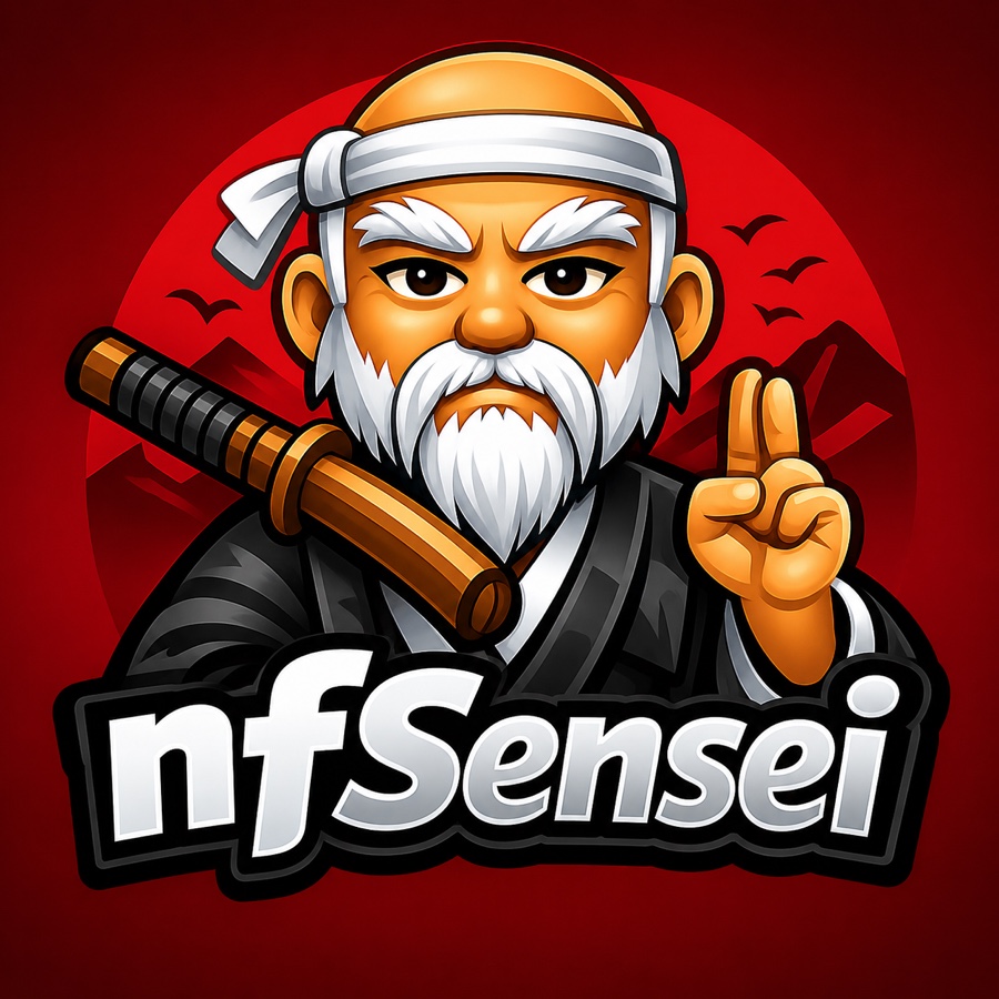 A red brushed kanji character reading nin next to a chrome and black nfSensei wordmark, with no mascot present